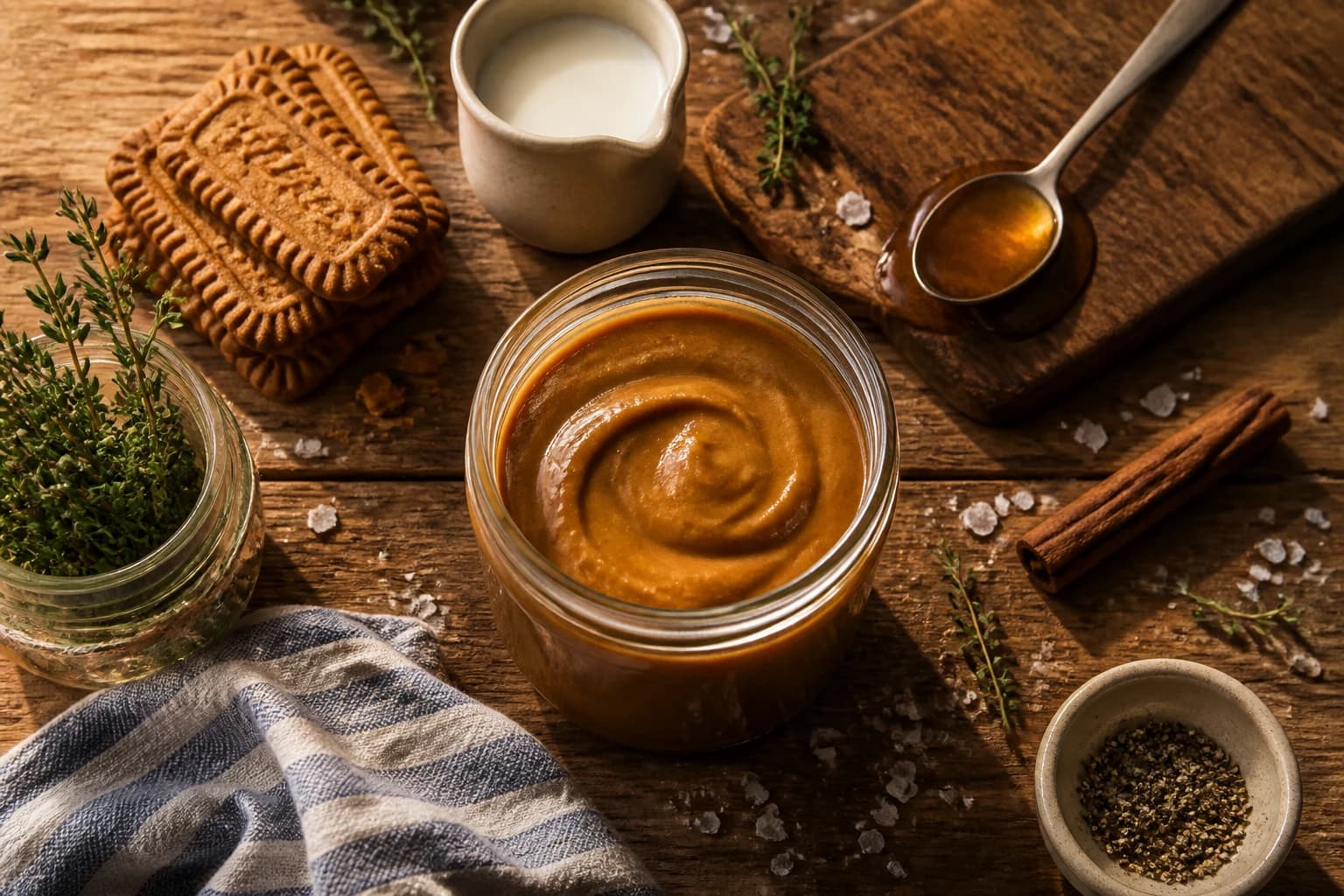 Pâte à tartiner spéculoos vegan maison dans un bocal en verre, tartinée sur une tranche de pain complet