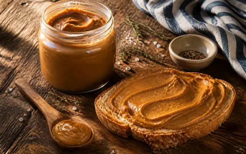 Pâte à tartiner spéculoos vegan brun caramel et onctueuse dans un bocal avec une cuillère en bois