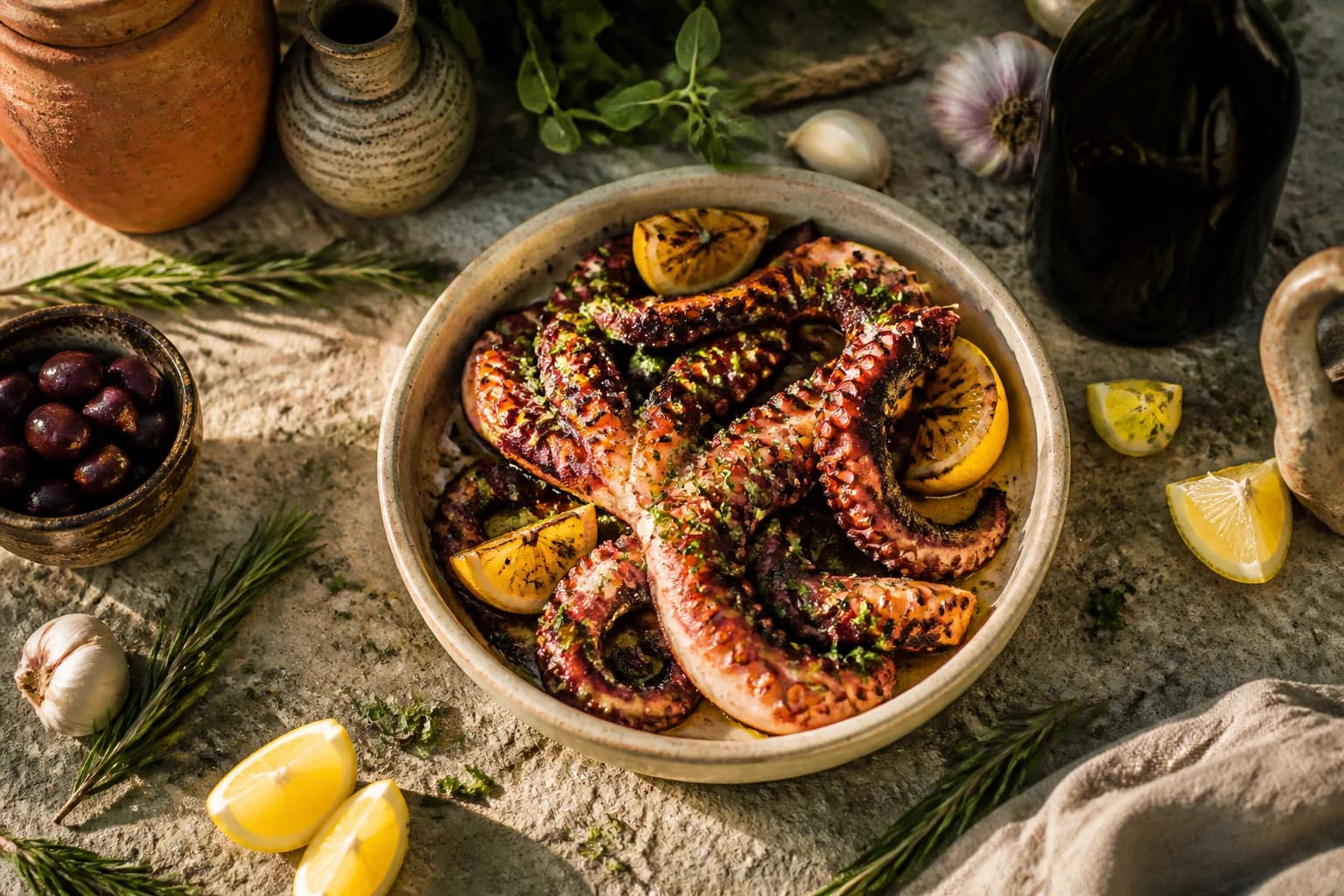 Poulpe grillé à la grecque, tentacules dorés et fumés, arrosés d'huile d'olive, citron et origan