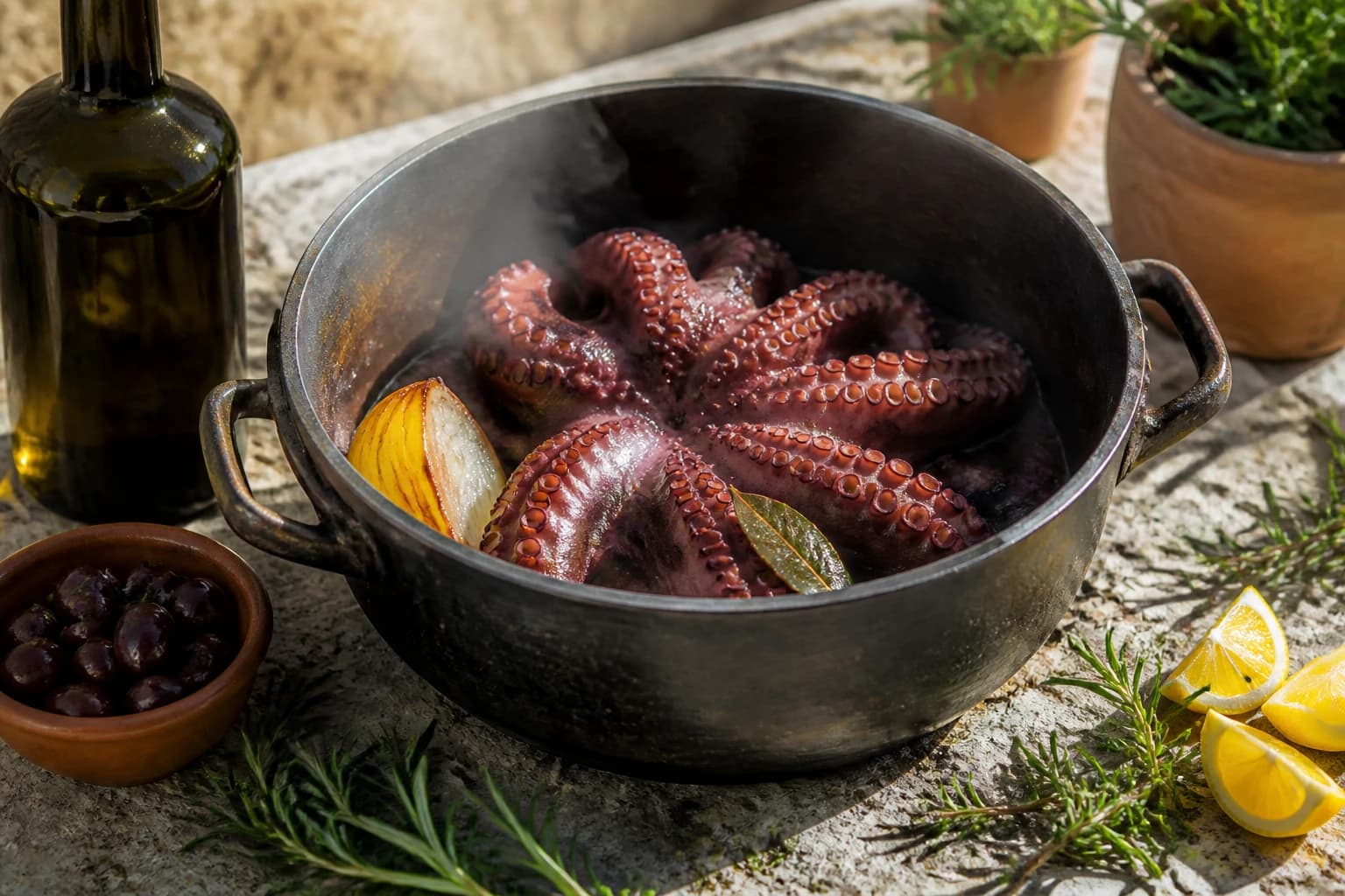 Etape 1 : Attendrir le poulpe par mijotage — Poulpe grillé : le htapodi tendre et fumé des tavernes