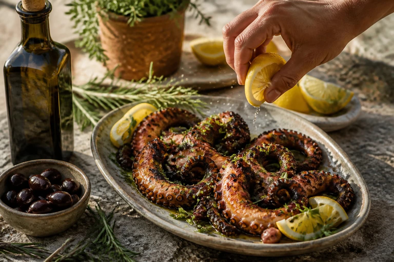 Etape 4 : Dresser et servir — Poulpe grillé : le htapodi tendre et fumé des tavernes