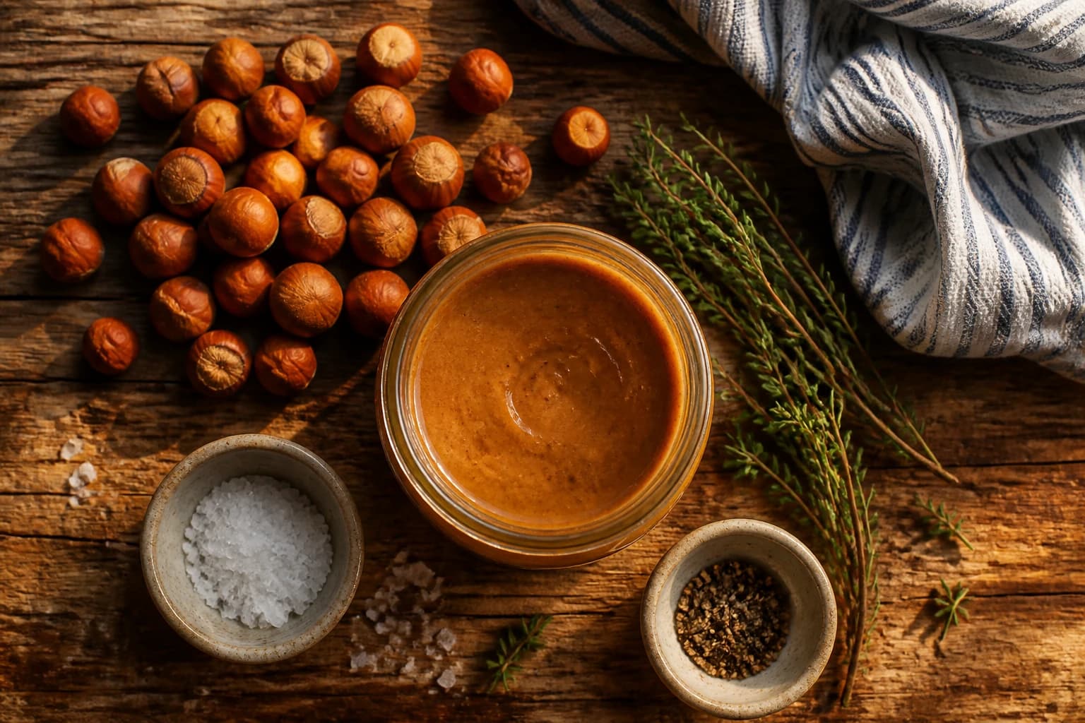 Purée de noisettes maison dans un bocal en verre avec noisettes torréfiées autour sur planche en bois