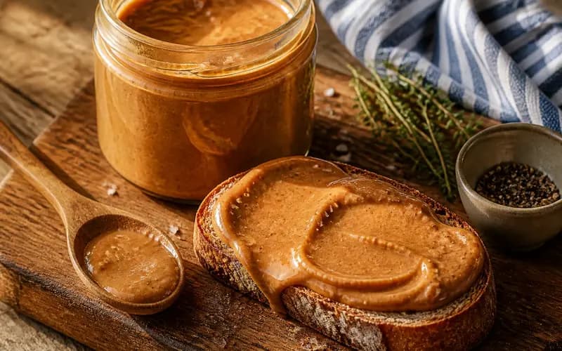 Purée de noisettes maison dorée et brillante dans un bocal hermétique, entourée de noisettes torréfiées