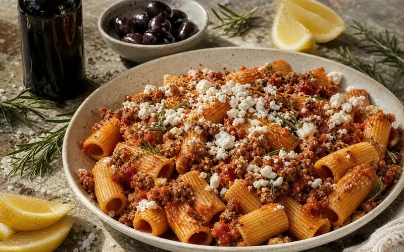 Rigatoni à la bolognaise et feta