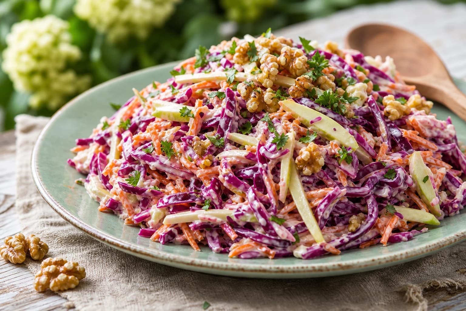 Coleslaw chou rouge, pomme & noix