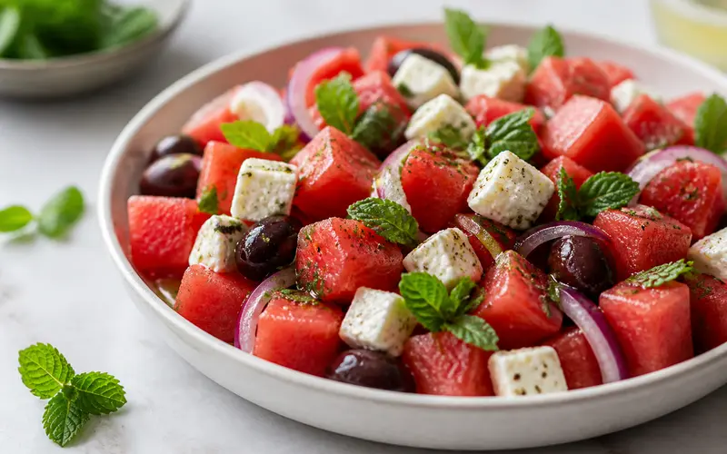 Salade pastèque, féta végétale & menthe, recette méditerranéenne présentée dans une assiette