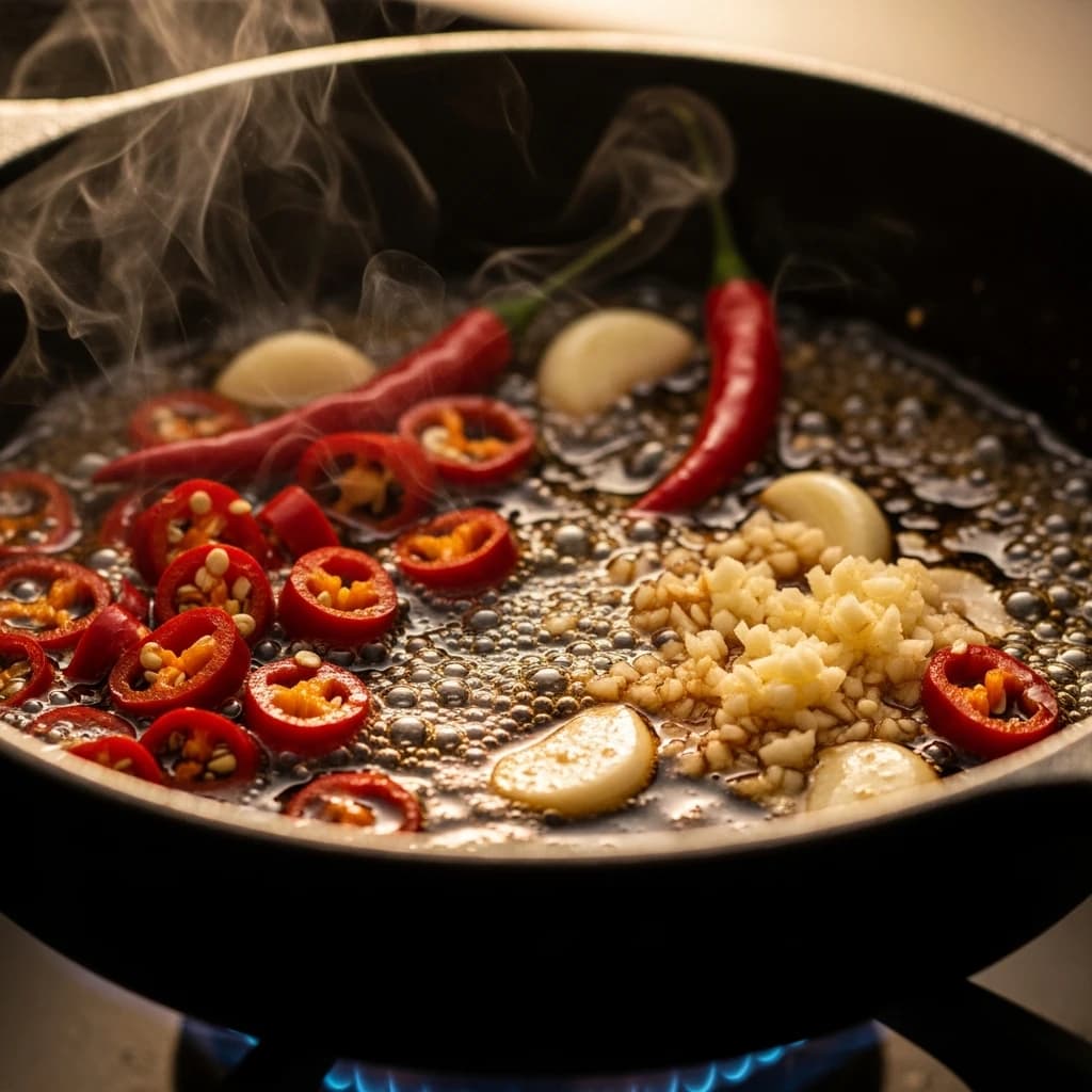 Etape 2 : Cuire la base aromatique — Sauce Pimentée Asiatique Maison (45 kcal, 20 min)