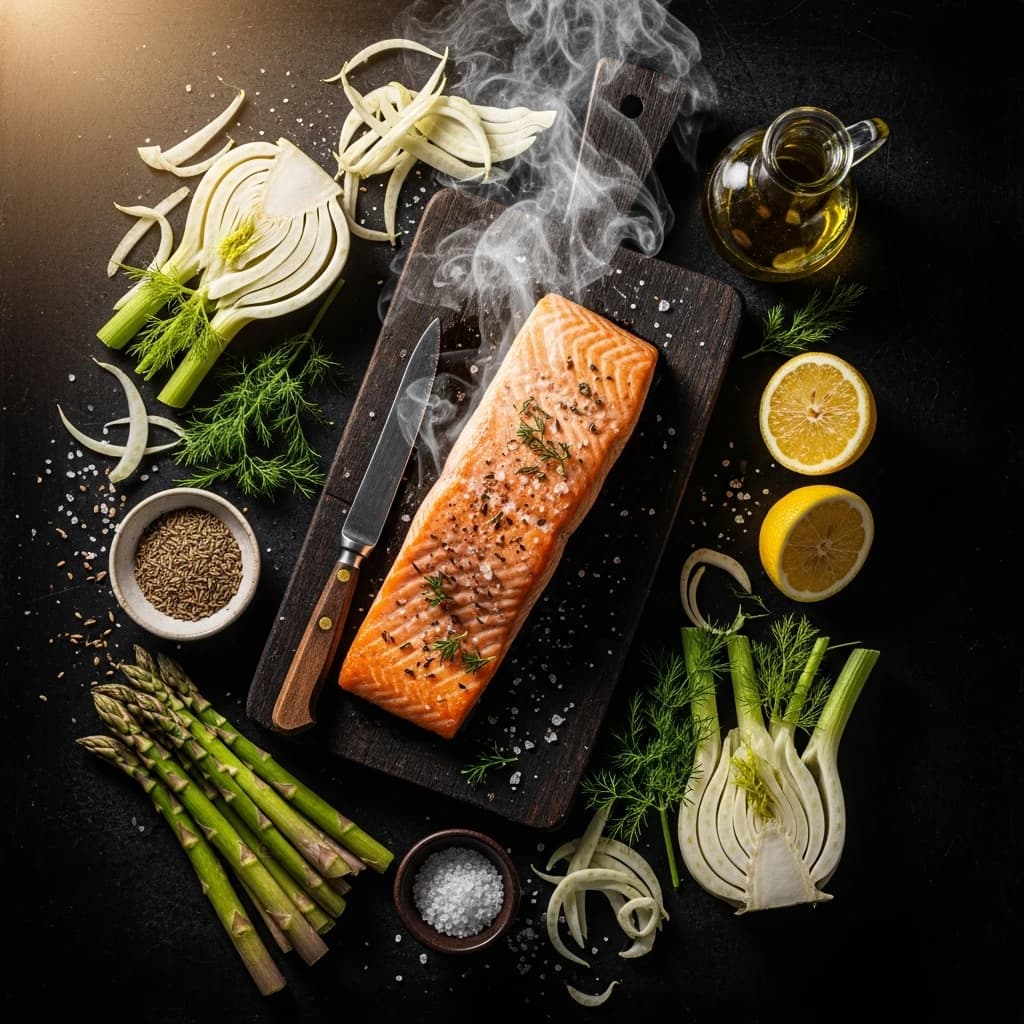 Saumon poêlé aux asperges vertes et sauce citron-fenouil avec ingrédients éparpillés sur planche en bois