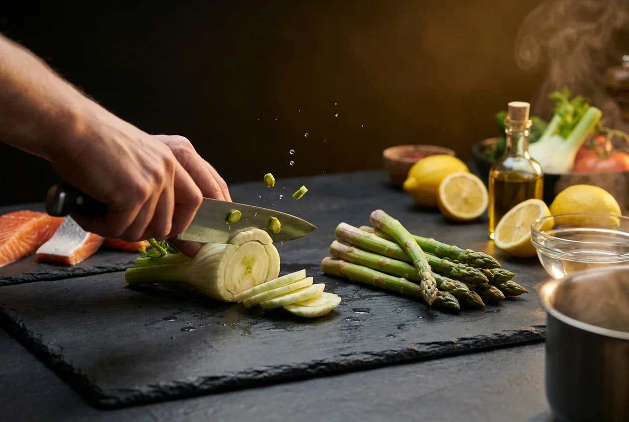Etape 1 : Préparer les asperges vertes et le fenouil — Saumon poêlé, asperges & fenouil