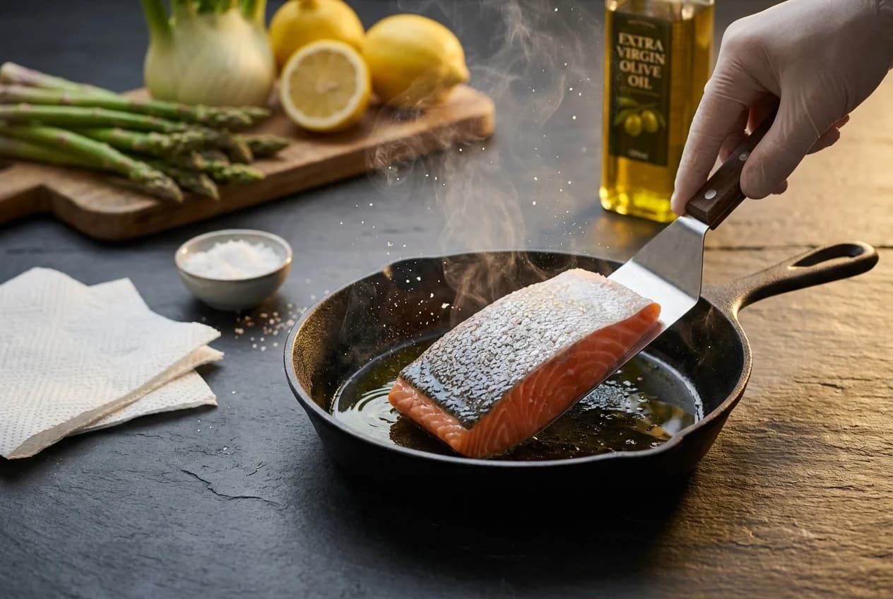 Etape 4 : Saisir le saumon côté peau croustillante — Saumon poêlé, asperges & fenouil