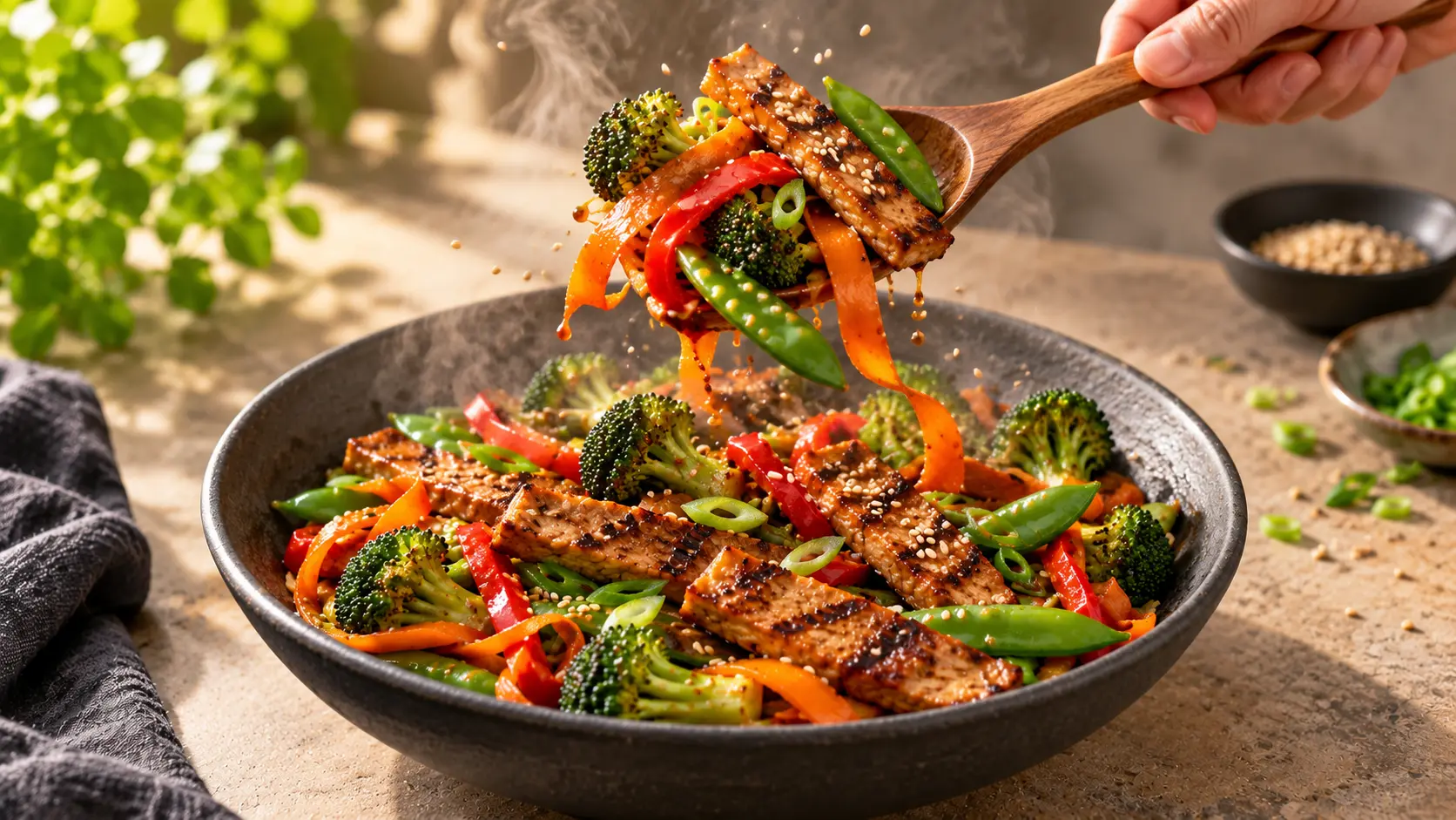 Seitan grillé et légumes croquants soulevés avec une cuillère en bois