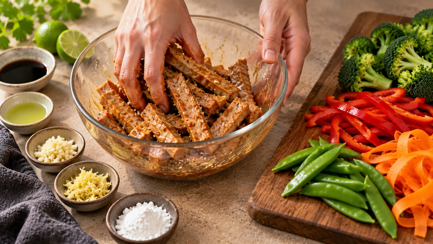 Etape 1 : Mariner le seitan et tailler les légumes — Seitan grillé légumes sauce soja allégée