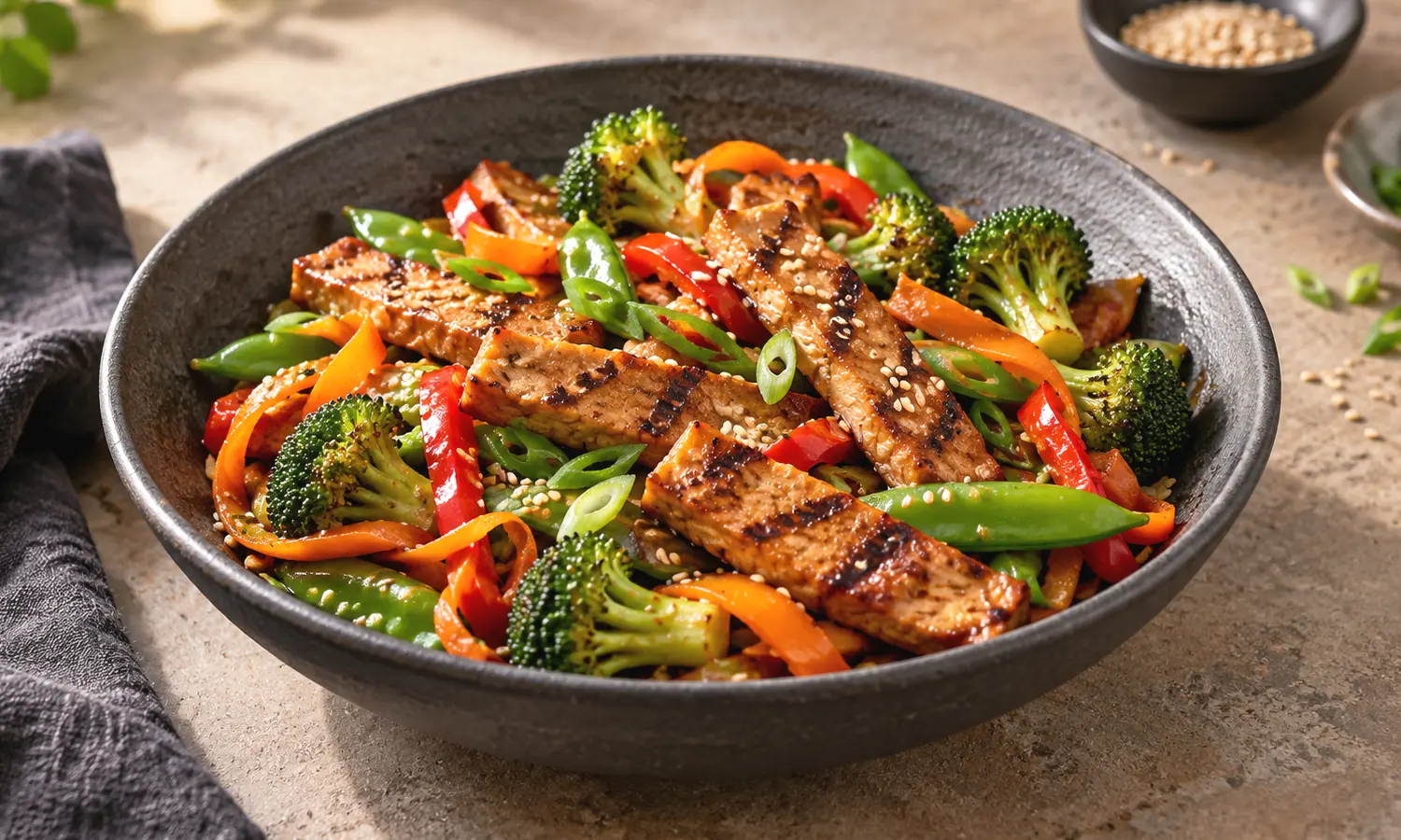 Seitan grillé aux légumes colorés et croquants dans un bol en céramique sombre, sauce soja légère