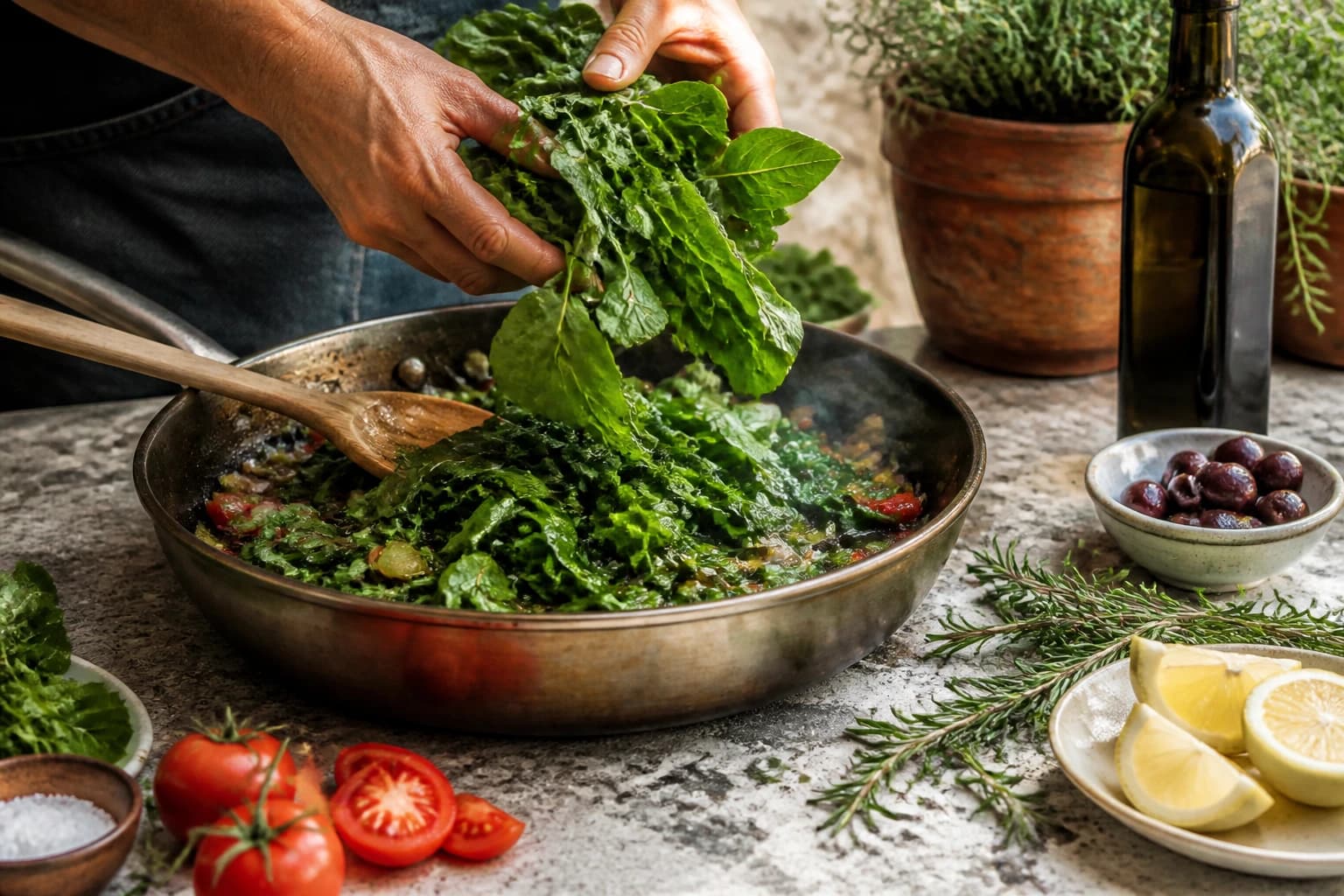 Etape 2 : Cuire les épinards — Shakshuka verte aux épinards et à la feta