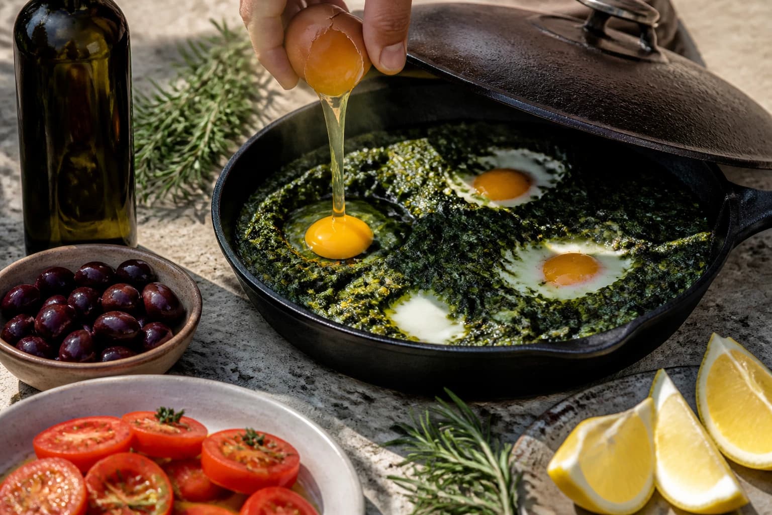 Etape 4 : Pocher les oeufs — Shakshuka verte aux épinards et à la feta