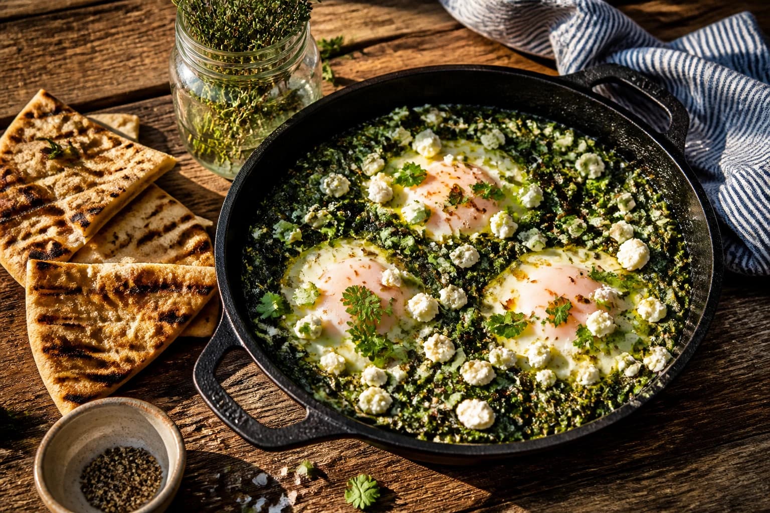 Etape 5 : Finitions et service — Shakshuka verte aux épinards et à la feta