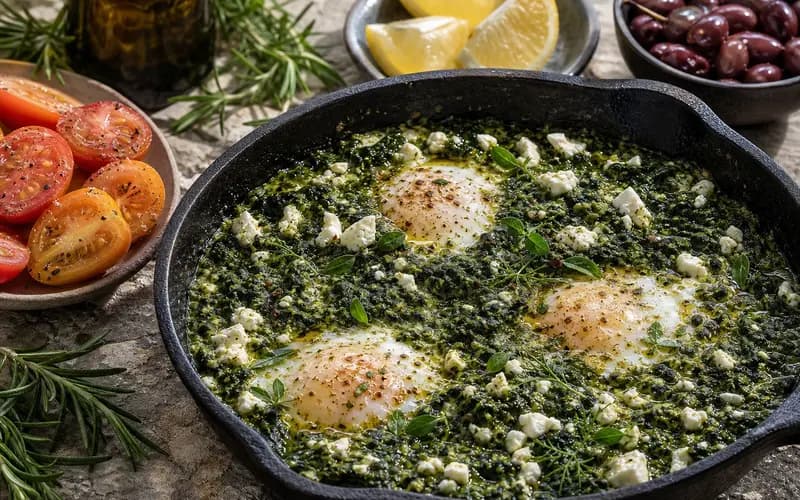 Shakshuka verte dans une poêle en fonte, oeufs pochés sur sauce épinards verts profonds avec éclats de feta blanche et herbes fraîches