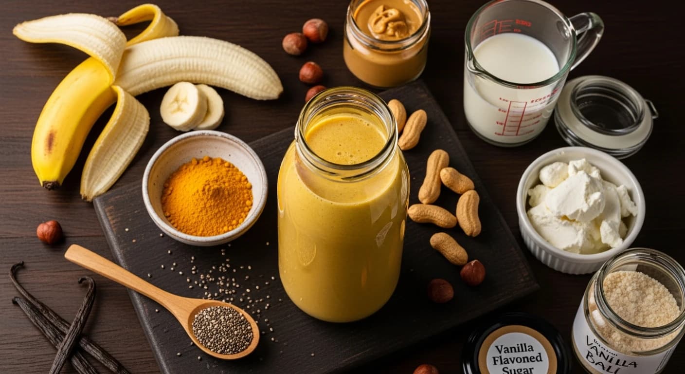 Smoothie banane curcuma overhead avec ingrédients éparpillés sur planche en bois