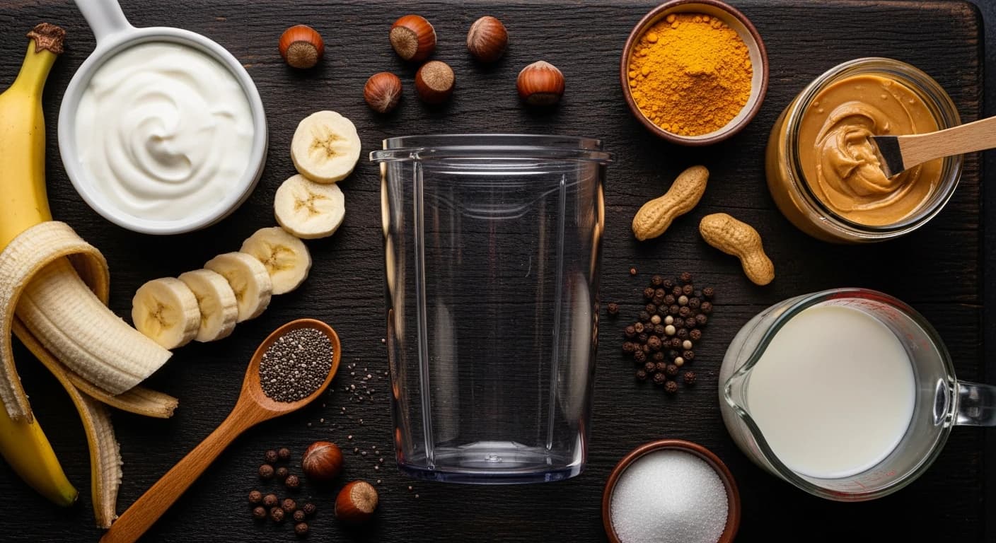 Etape 1 : Tout mettre dans le bullet blender — Smoothie banane curcuma signature (530 kcal, 5 min)