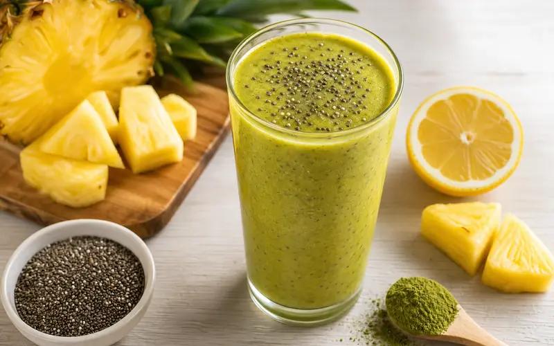 Smoothie détox minceur ananas matcha vert-doré dans un grand verre, graines de chia et zeste de citron