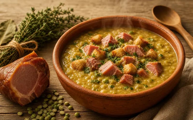Bol de soupe veloutée de pois cassés vert pâle avec morceaux de jambon fumé et croûtons dorés