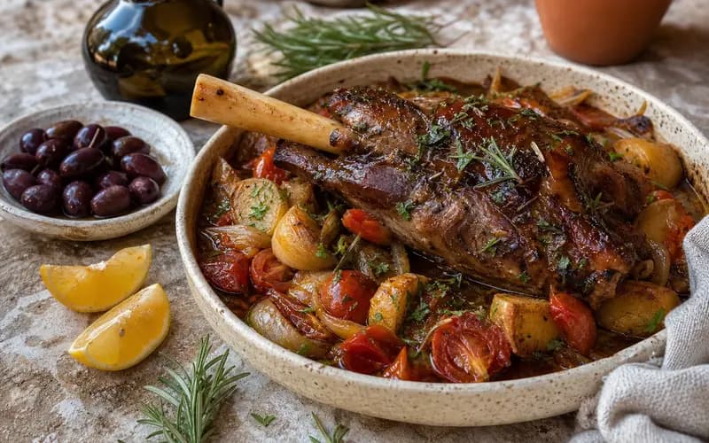 Souris d'agneau confite au four, viande fondante aux herbes et légumes méditerranéens