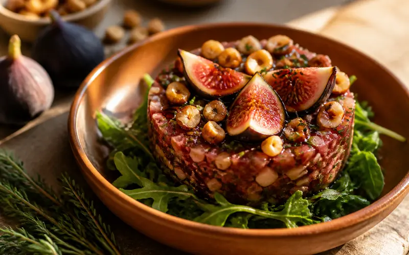 Tartare de canard fumé aux figues, recette française présentée dans une assiette