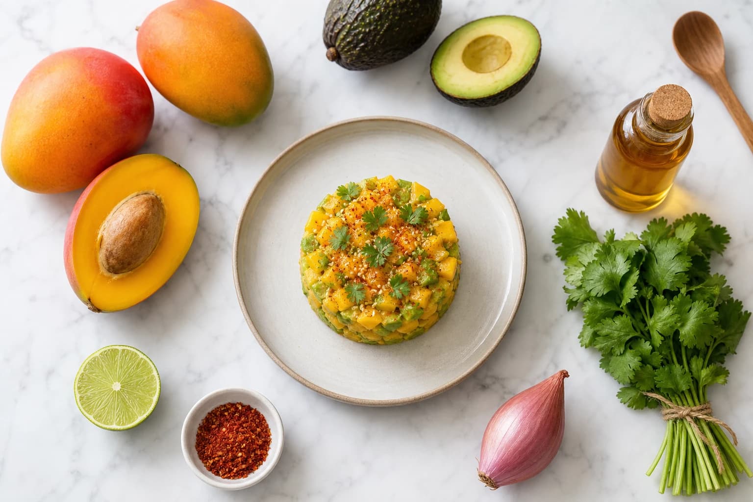 Tartare mangue avocat piment d'Espelette — brunoise en dôme avec coriandre et sésame doré