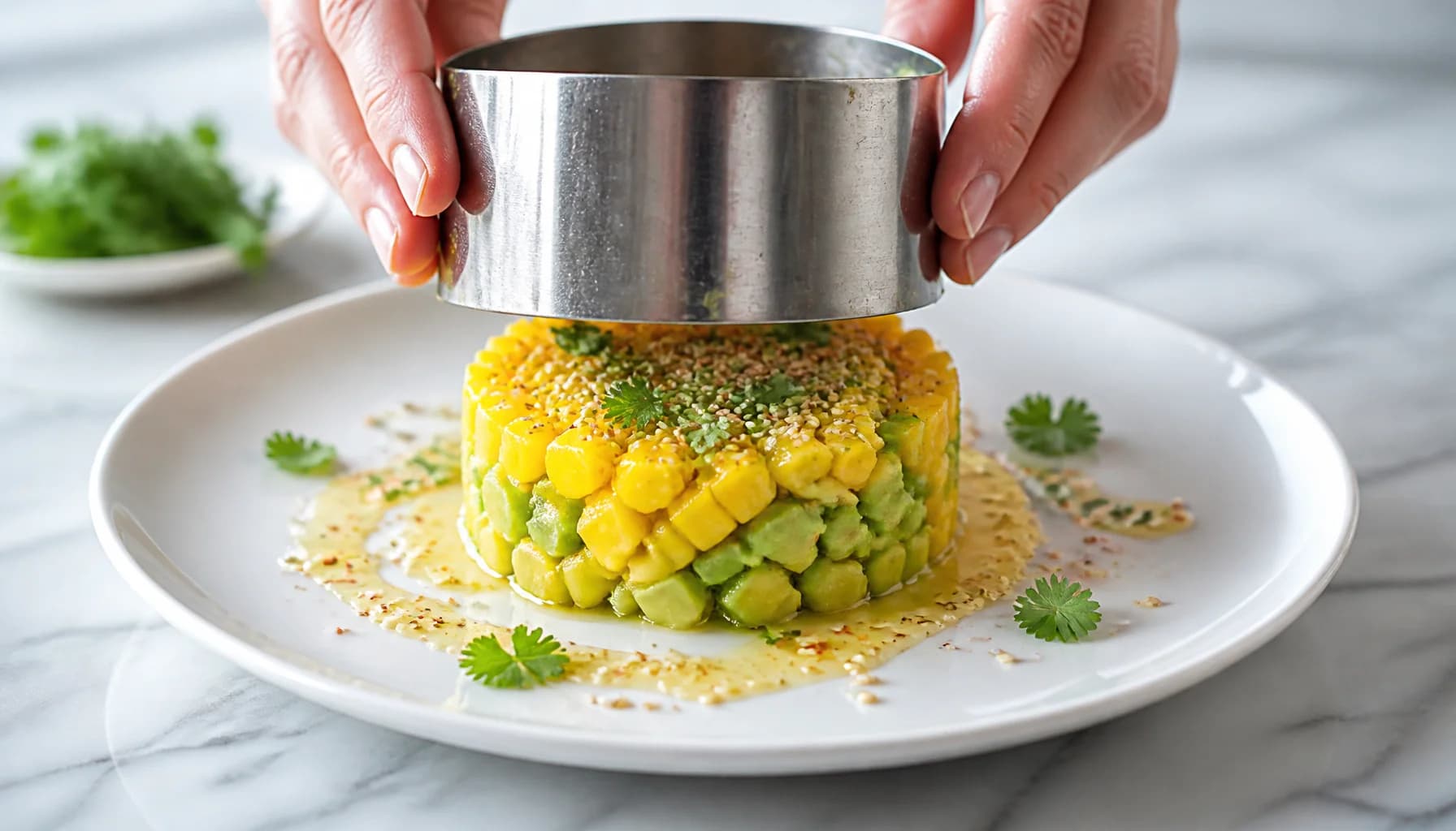 Etape 4 : Dresser et servir — Tartare mangue, avocat & piment