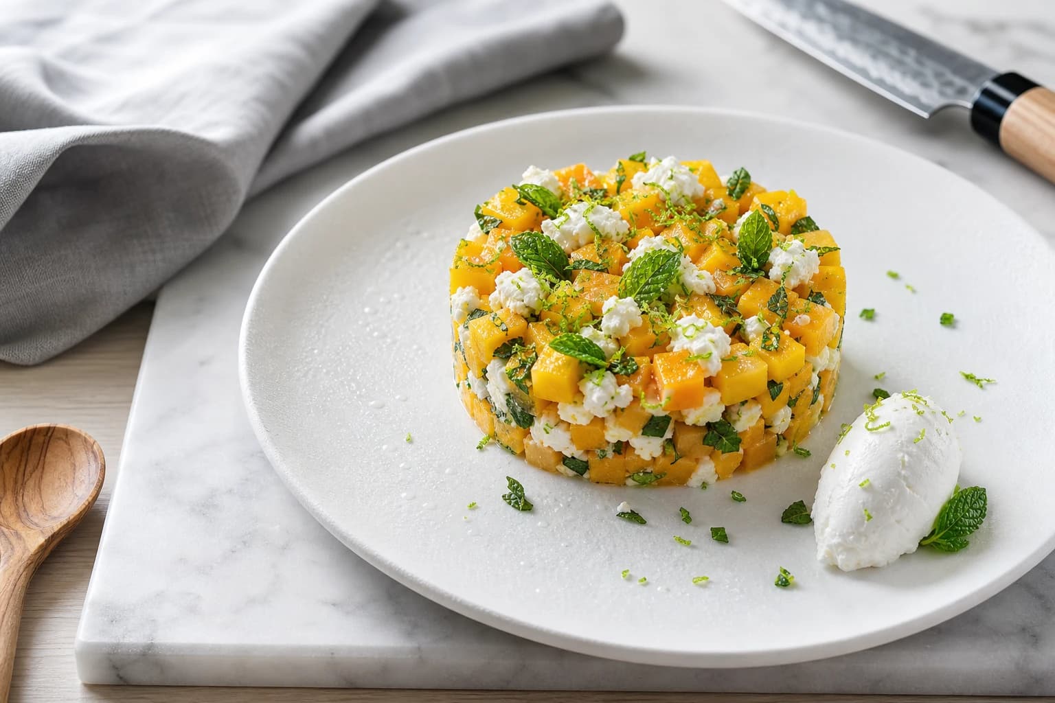 Tartare mangue, chèvre & menthe