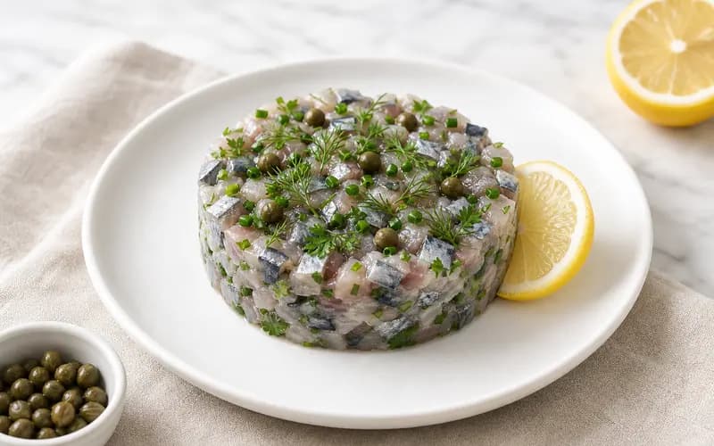 Tartare de maquereau cru vif dressé en cercle avec rondelles de citron et échalote finement ciselée