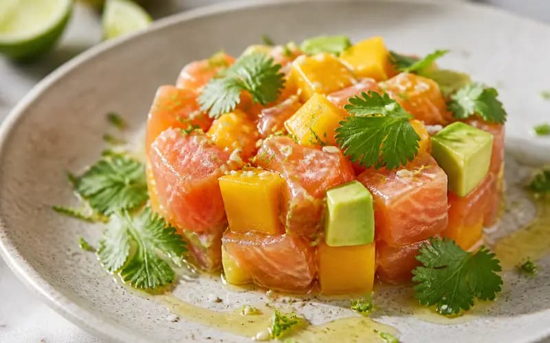 Tartare de saumon, mangue & avocat, recette fusion présentée dans une assiette