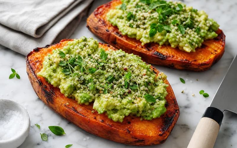 Tranches épaisses de patate douce grillées et dorées garnies d'avocat écrasé et de graines de sésame