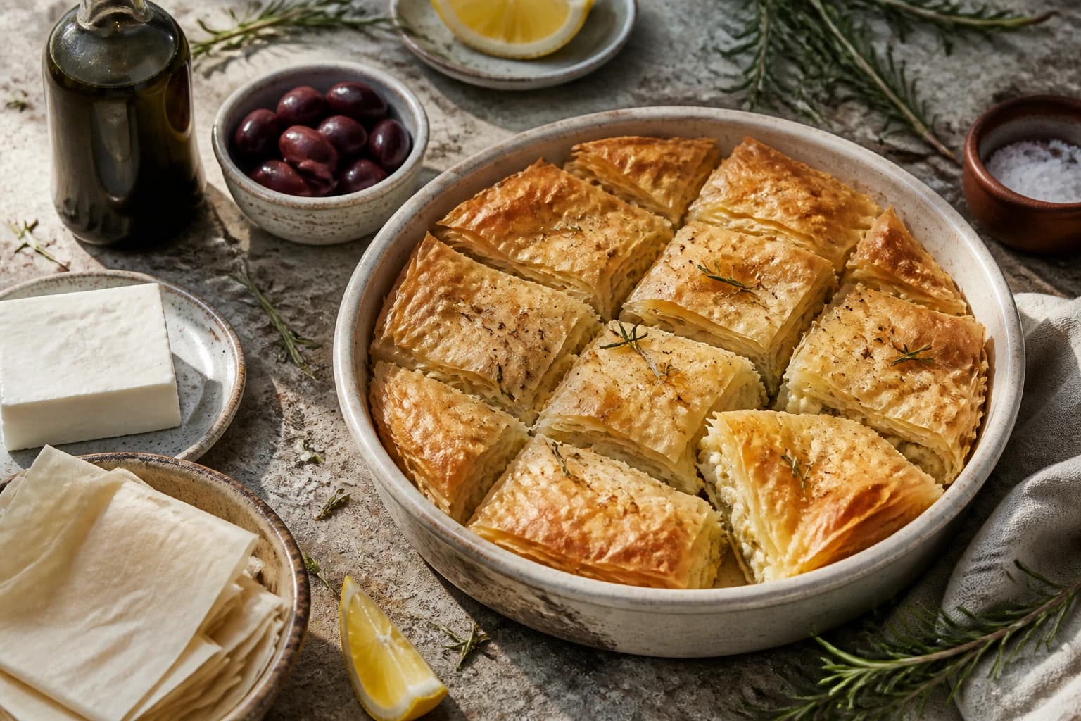 Tyropita, feuilleté grec à la feta doré et croustillant, parsemé de graines de sésame, coupé en parts
