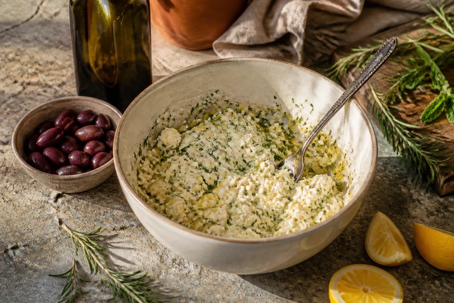 Etape 1 : Préparer la garniture au fromage — Tyropita : le feuilleté grec à la feta croustillant