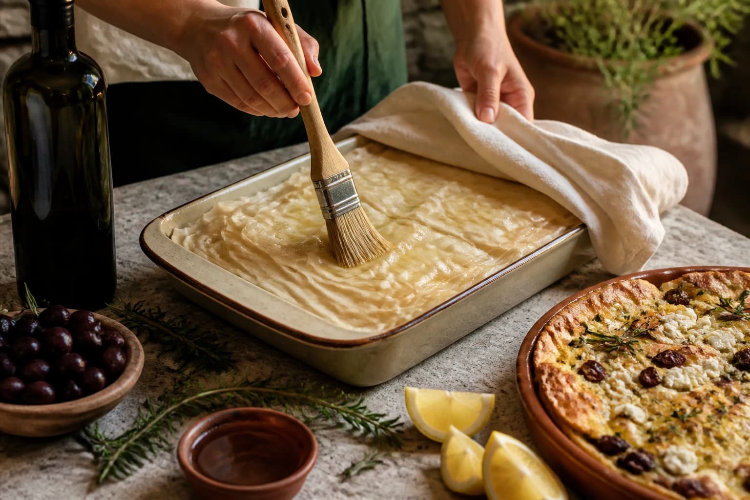 Etape 2 : Monter les couches de filo — Tyropita : le feuilleté grec à la feta croustillant