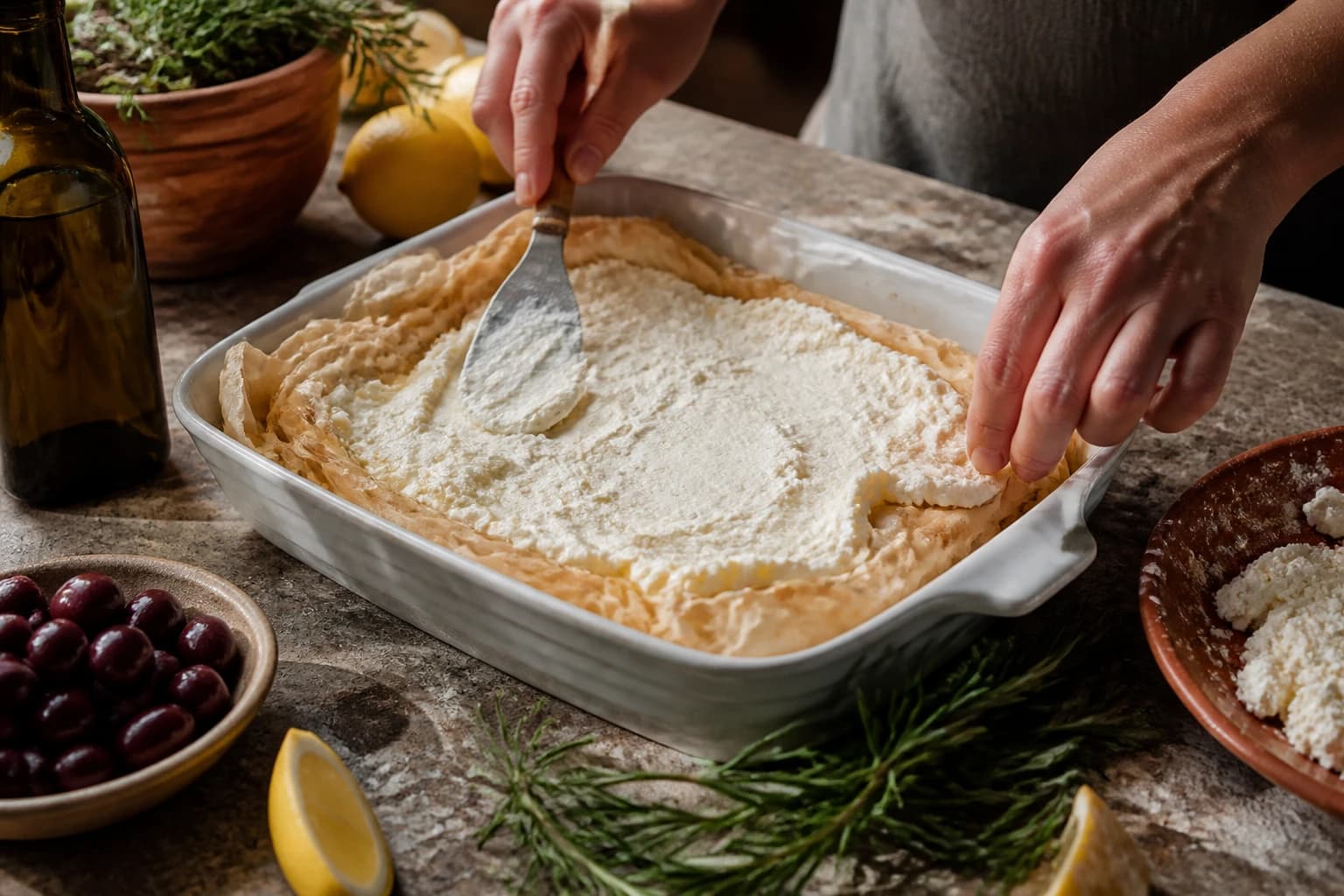 Etape 3 : Garnir et refermer — Tyropita : le feuilleté grec à la feta croustillant