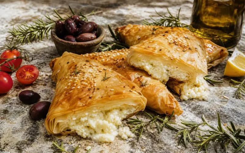 Tyropita feuilleté grec à la feta croustillant, tourte au fromage phyllo dorée