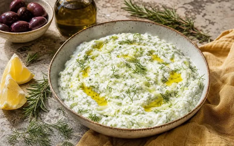 Tzatziki maison au concombre frais, sauce grecque au yaourt, ail et aneth