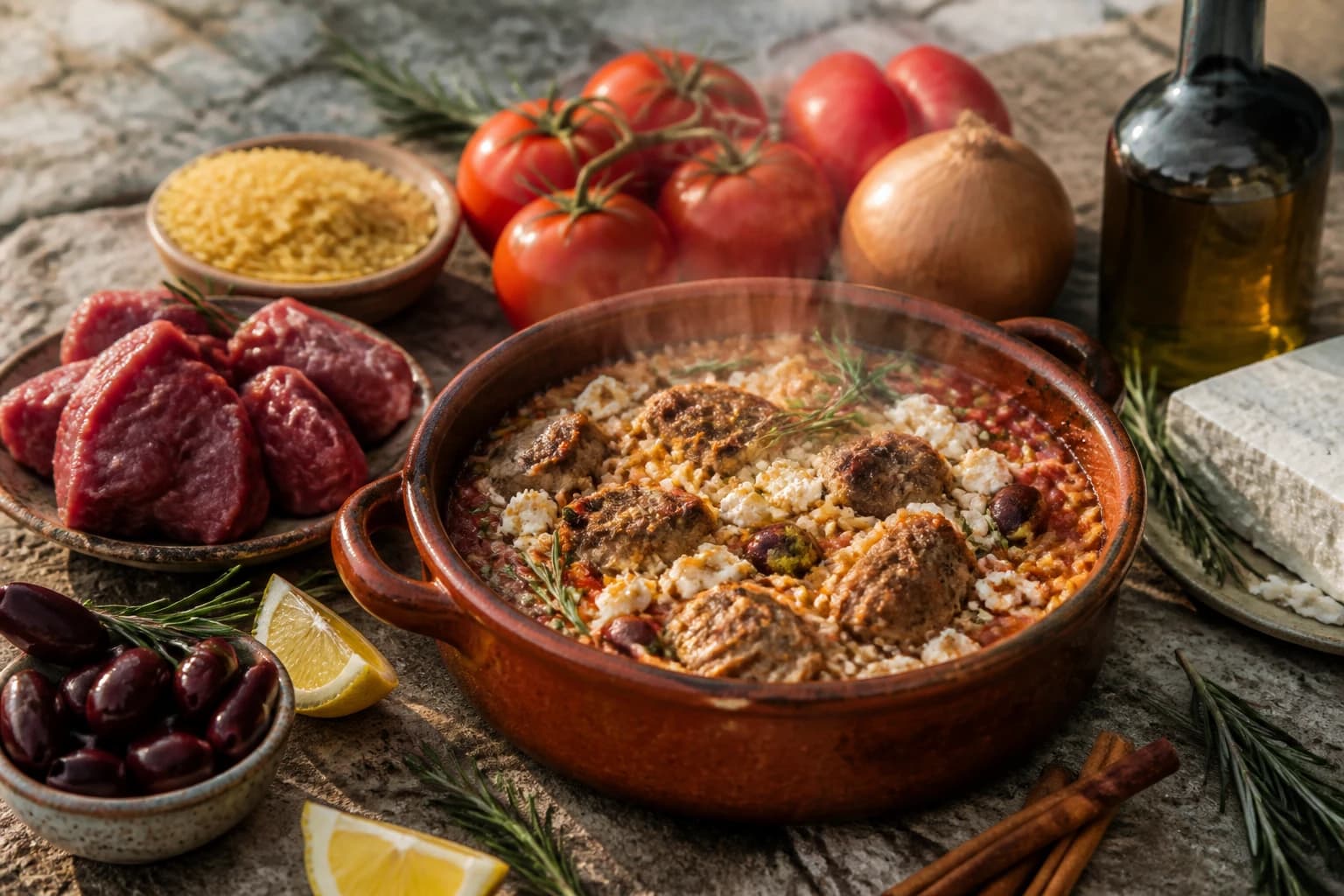 Veau mijoté à l'orzo giouvetsi grec fondant dans une sauce tomate à la cannelle gratiné à la feta