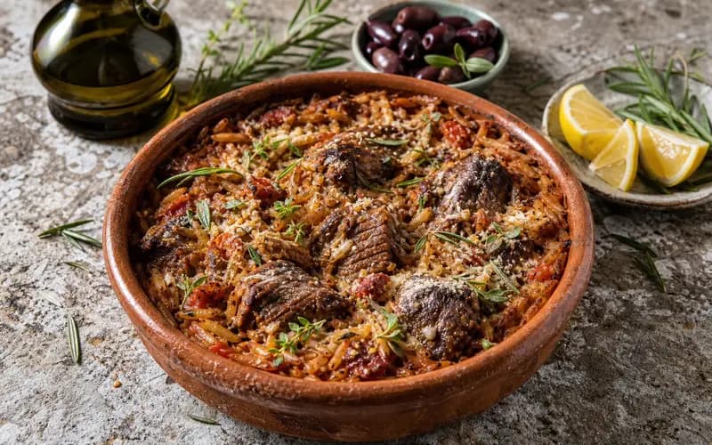 Veau mijoté à l'orzo giouvetsi, braisé grec avec petites pâtes au four
