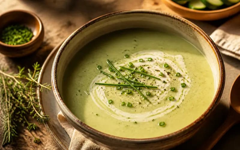 Vichyssoise courgette & poireau, recette française présentée dans une assiette