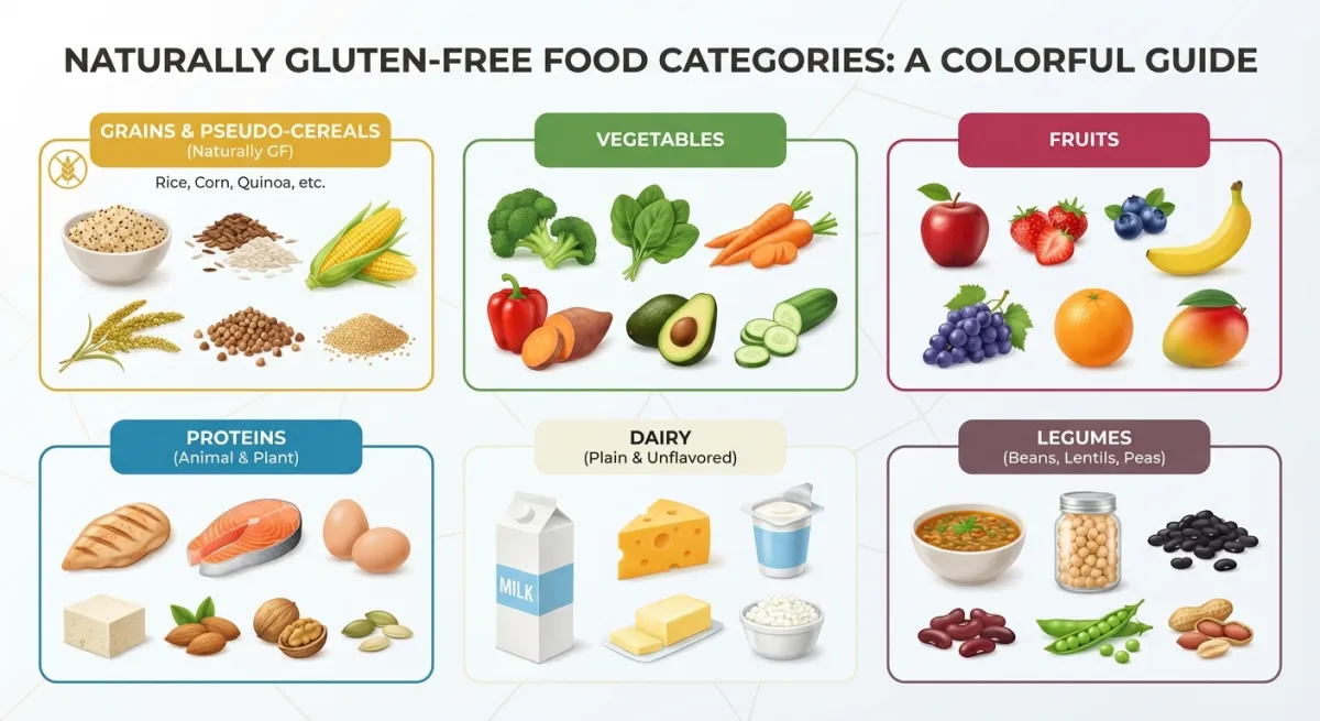 Tableau visuel des catégories d'aliments naturellement sans gluten
