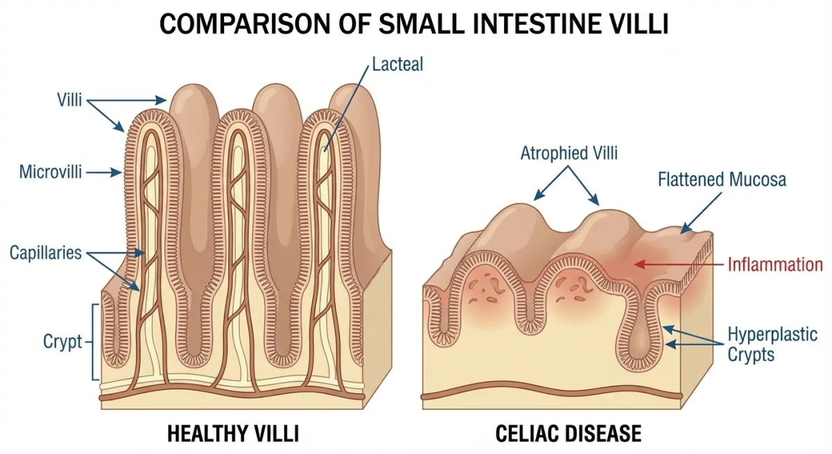 Illustration comparant les villosités intestinales saines et endommagées par la maladie cœliaque