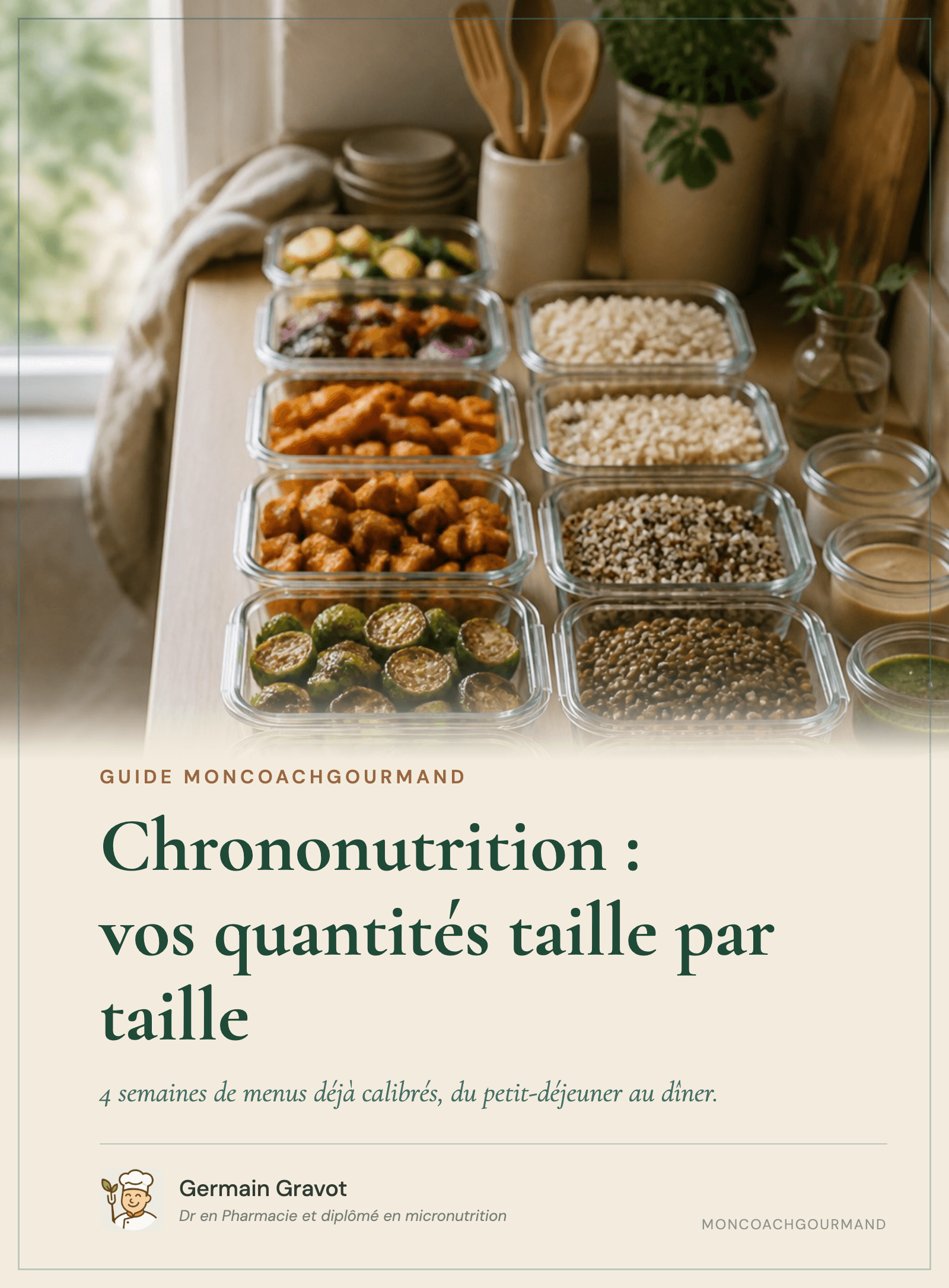 Couverture du guide Chrononutrition : vos quantités taille par taille de MonCoachGourmand