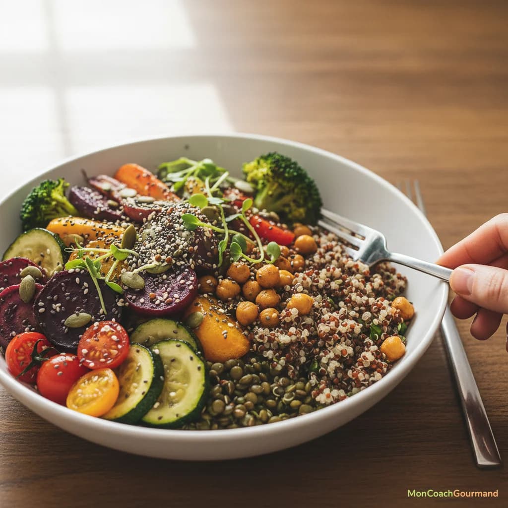 Une personne dégustant un repas sain et équilibré avec un sourire, mettant en évidence la pleine conscience alimentaire.