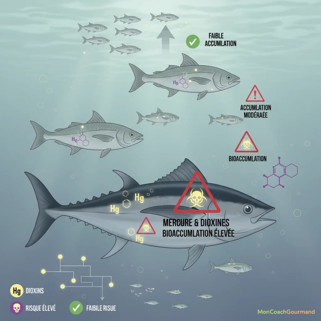 Représentation visuelle des contaminants comme le mercure et les dioxines s'accumulant dans différents types de poissons, avec des symboles de risque clairement identifiables. Les couleurs sont douces et le style informatif.