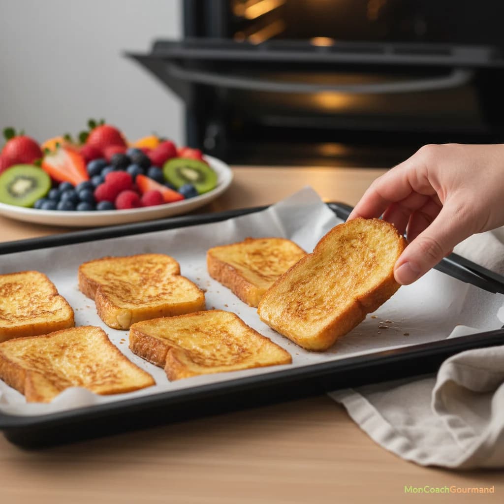Main posant un pain perdu doré sur une plaque de cuisson après une cuisson au four, à côté d'une assiette de fruits frais.