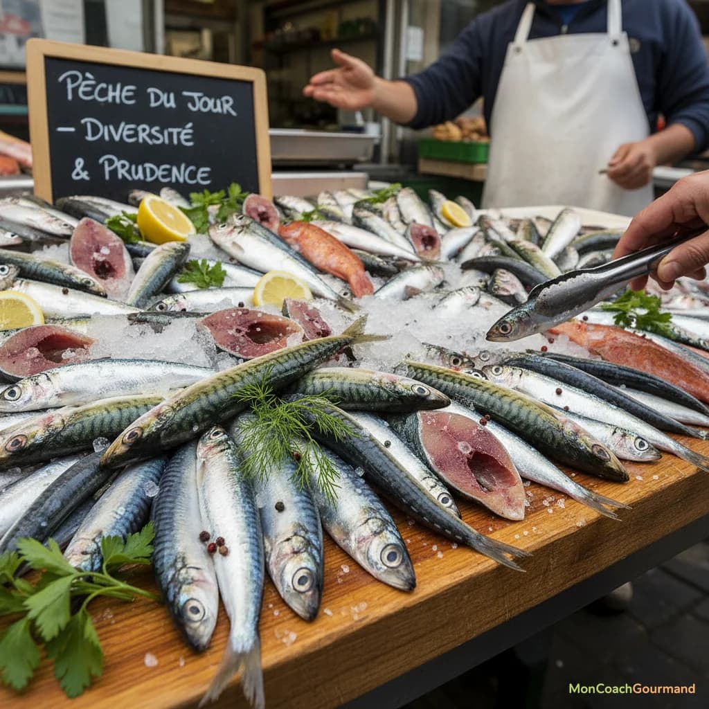 Un assortiment coloré de petits poissons gras comme des sardines, maquereaux et anchois, frais et variés, sur un étal de marché ou une planche à découper, illustrant la diversité alimentaire et la prudence. Le style est réaliste et frais.