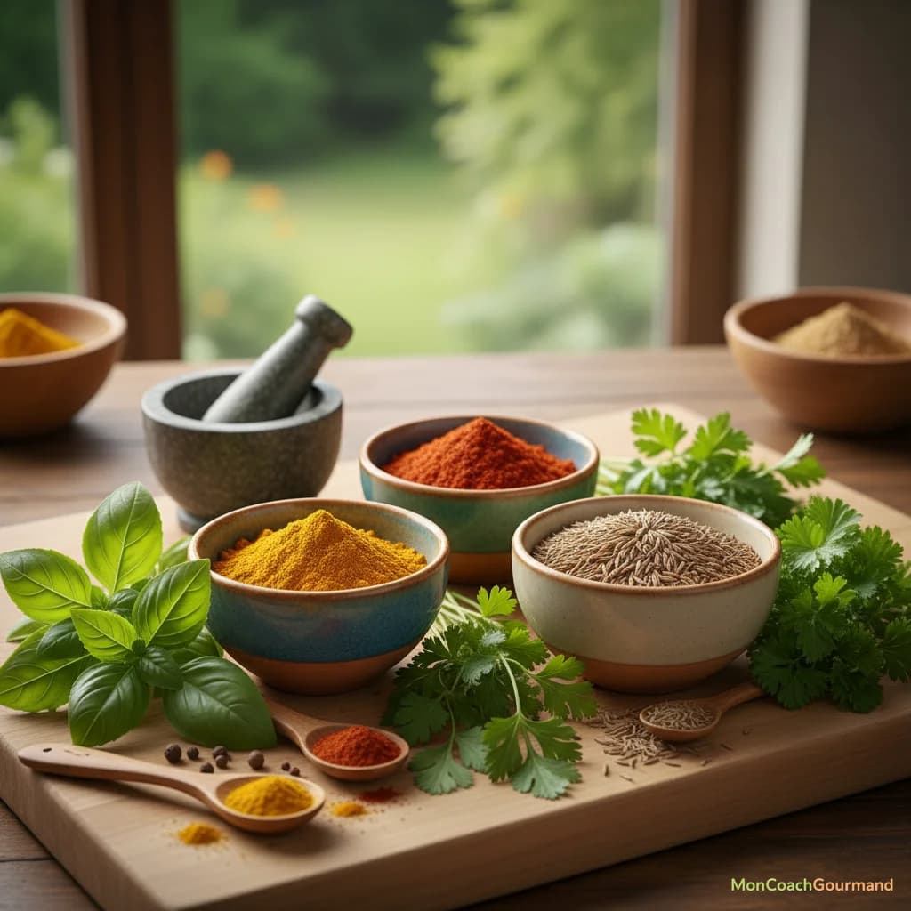 Assortiment d'épices colorées et d'herbes aromatiques fraîches sur une planche en bois, prêtes à l'emploi pour une cuisine saine.